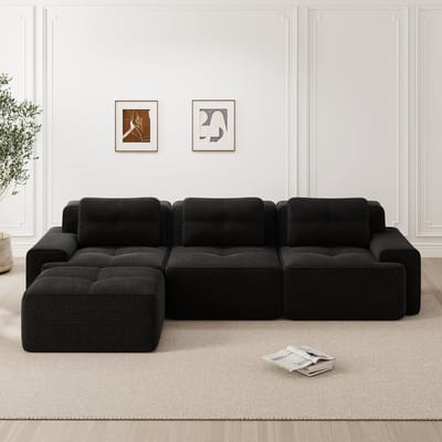L-vormige 3-zitsbank - modulaire bank met voetenbank - corduroy Cloud bank - voor de woonkamer - kant-en-klare bank - zwart