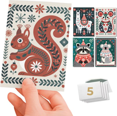 Inspra Studio – Luxe Kerstkaarten met Enveloppen – 5 Stuks – Eekhoorn, Wasbeer, Muis, Lama & Koala Wenskaarten – Scandinavische Dieren Illustraties