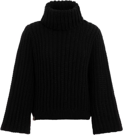 Knit Factory Kris Gebreide Dames Coltrui - Gebreide dames trui - Wintertrui - Damestrui - Wollen trui - Lange trompetmouw - Turtleneck - Zwart - 36/38
