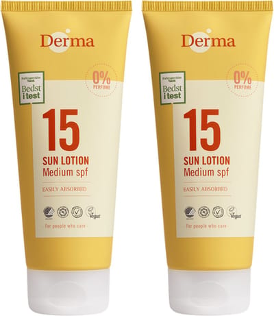 Derma Sun - Zonnebrand SPF15 2 x 200 ml - Waterbestendige Zonnebrand - UVA en UVB Bescherming - Parfumvrij - met Glycerine en Vitamine E - Trekt Snel In