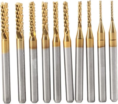 Set van 10 Titanium Gecoate Freesboren, Tungsten Carbide CNC Freesbits voor Hout, Staal en PCB