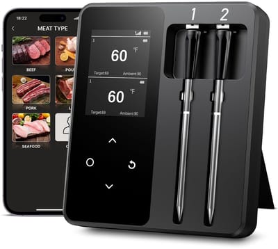 SnelShoppen - Draadloze Keukenthermometer met 2 Sondes, LCD Scherm, 130m Bereik, Vleesthermometer met Slimme APP voor BBQ, Oven, Grill, Rookoven, IP67