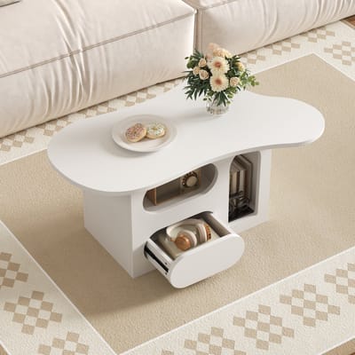 Wishdor - Salontafel - Met Laden En Open Vakken - Wolkvormig - Modern - Voor De Woonkamer - Spaanplaat - Wit - 97 X 45 X 43,5 Cm
