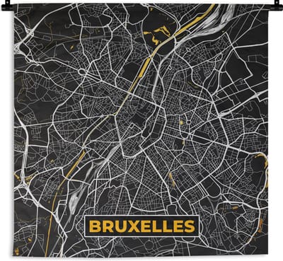 Wandkleed - Wanddoek - Brussel - Goud - Stadskaart - Plattegrond - Kaart - 180x180 cm - Wandtapijt