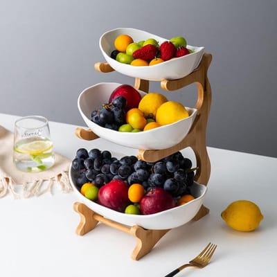Fruitrek 3-laags keramische fruitmand komset met houten standaardrek, snoepschotel serveerkeuken fruitschaalhouder opslag(Dark khaki)