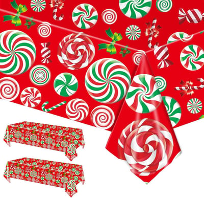 Kersttafelkleed, 2 stuks, 137 x 274 cm, groot rood rechthoekig tafelkleed voor Kerst, snoep, lolly, kerstdiner, Merry Christmas, voor feestdagen, kerstfeest benodigdheden-lolly