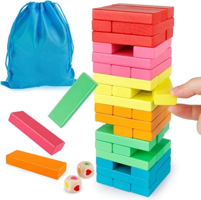 Houten Stapelblokken Spel met Opbergtas, Kleurrijke Topping Toren Bouwblokken voor Balans Puzzels, Educatieve Sortering en Montessori Spellen voor Kinderen en Peuters