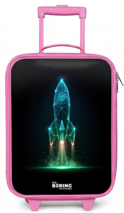 NoBoringSuitcases.com® - Kinderkoffer roze - Kindertrolley meisje - Lancerende raket in neonstijl - Koffer kind lichtgewicht - Reiskoffer trolley voor kinderen - Koffertje met lichtgevende wieltjes - Rolkoffer