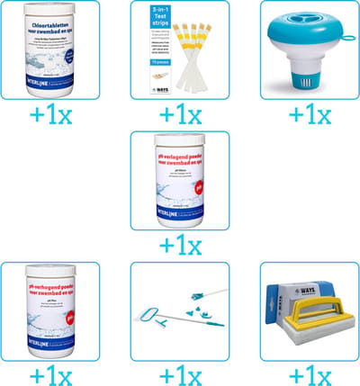 Zwembad Onderhoudspakket - Onderhoud Zwembad - bevat Chloor - Testrips - Chloordrijver - PH-min - PH-plus - Schoonmaakset en Scrubborstel (7-delig)