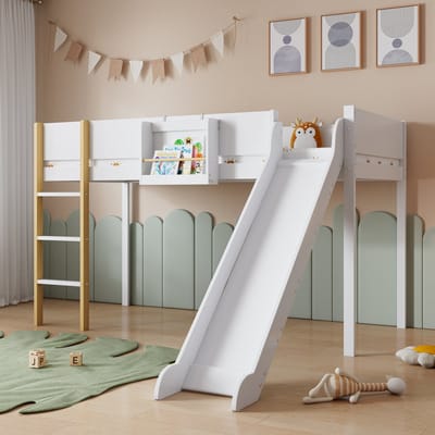 OKWISH Hoogslaper - 90x200 - Kinderbed Met Glijbaan En 4-Zijdig Veiligheidshek - Hout - Wit Natuur