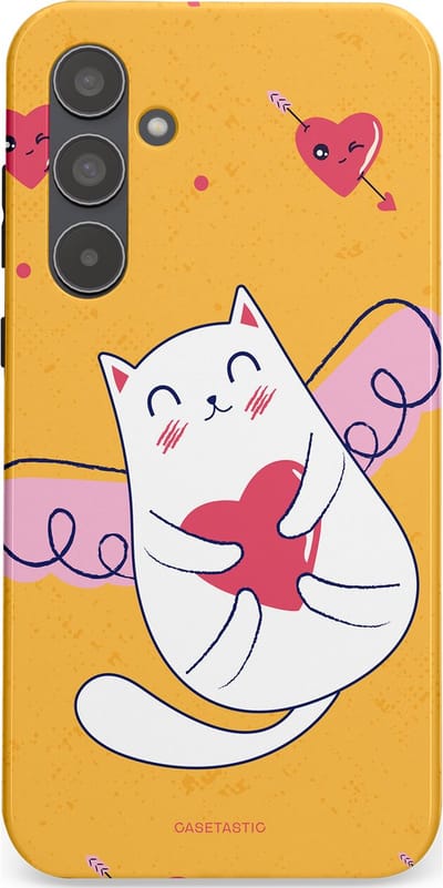 Casetastic Hoesje Geschikt voor Samsung A55 - Stijlvolle Beschermende Duo-layer Case - Kattenflirt Geel Rode Hartjes Liefde