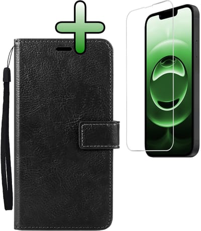 Hoesje Met Screenprotector - Geschikt voor Apple iPhone 16e - Luxe Pasjeshouder - Bookcase Portemonee - Flip Case - Kunstleer Book Case - Flipcase - Book Cover - Walletcase - Portemonneehoes - Zwart