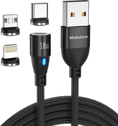 Mobstore Magnetische Oplaadkabel - 1 meter - Zwart - 3 in 1 - Snellader - 18W - Data overdracht - Geschikt voor Apple Lightning / USB-C / Micro USB kabel - Magneet Oplader - 3.0A Fast Charge Output - Sterke Magneet – Werkt met Carplay