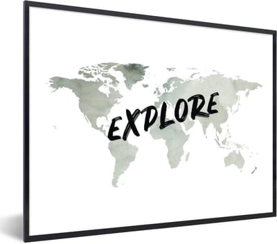 Poster in lijst - Fotolijst 80x60 cm - Posters - Wereldkaart - Reizen - Wit - Posterlijst zwart - Decoratie - Wanddecoratie woonkamer - Muurdecoratie slaapkamer