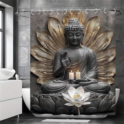 Zen Lotus & Beeld Badgordijn - Waterdicht Gebreid Polyester, Machine Wasbaar, Waterbestendig, Artistiek Patroon Voor Alle Seizoenen W60H190(CM)-1 Pcs gray