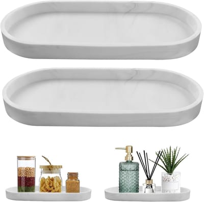Decoratieve Badkamer Tray Set van 2 Stukken - Siliconen Opbergtray voor Make-up, Organizer en Zeepdispenser in Marmerwit (25 x 11 x 2 cm)