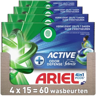 Ariel 4in1 Wasmiddel Pods Actieve Geurbestrijding - 4 x 15 stuks - Voordeelverpakking