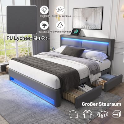 Gestoffeerd bed 140 x 190 cm met USB-poort met LED-verlichting en vier opberglades zonder matras - grijs