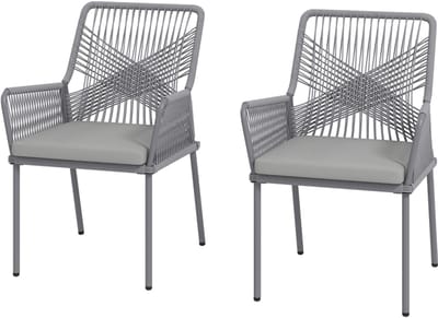 Wishdor - Set Van 2 Rattan Tuinstoelen - Met Armleuningen En Rugleuning - Afneembare Zitkussens 5 Cm - Waterafstotend - Donkergrijs - 57 X 61 X 84 Cm