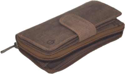 Oi Hunter bruine lederen ritsportemonnee voor dames large / damesportemonnee met rits en 3 vakjes voor kleingeld / afsluitbare beurs met groot muntvak / grote portemonnee voor veel pasjes / anti skim / bruin leer / 312H