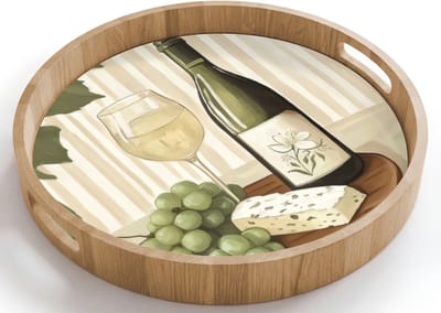 Dienblad rond 40x40 cm - Schootdienblad hout - Wijn - Druiven - Kaas - Bladeren - Borrelplank rechthoek - Plateau houten dienbladen