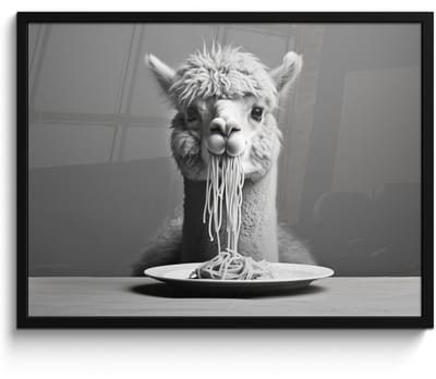 Poster in lijst - Fotolijst 70x50 cm - Posters - Alpaca - Pasta - Zwart - Wit - Grappig - Dieren - Posterlijst zwart - Decoratie - Wanddecoratie woonkamer - Muurdecoratie slaapkamer