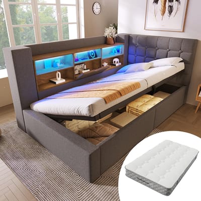 BLACKCOLORS Gestoffeerd bed 90x200 cm Eenpersoonsbed met ledverlichting, hydraulische opbergruimte, L-vormig hoofdeinde met opbergruimte, aan beide zijden te monteren, lattenbodem, linnen stof, grijs (met matras)