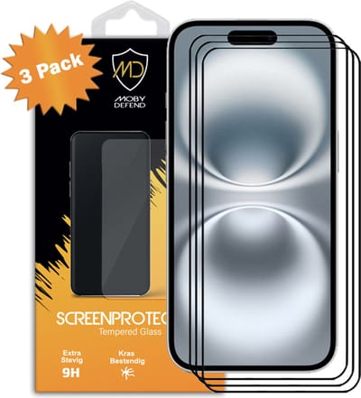 3-Pack MobyDefend Screenprotectors - Geschikt voor iPhone 16 - Screensavers Met Zwarte Randen - Gehard Glas