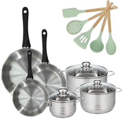 Set van 3 Pannen 20/24/28cm en 3 Kookpotten 16/20/24cm Fackelmann Genève met 5 Fackelmann keukengerei