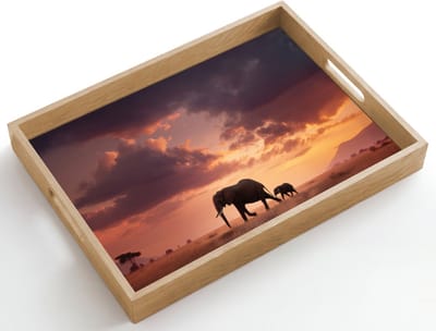 Dienblad hout 50x35 cm - Schootdienblad - Olifanten - Grasland - Zonsondergang - Borrelplank rechthoek - Plateau dienbladen