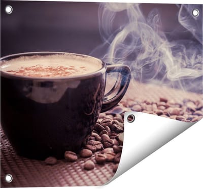 Gards Tuinposter Hete Koffie Kop met Koffiebonen - 50x40 cm - Tuindoek - Tuindecoratie - Wanddecoratie buiten - Tuinschilderij
