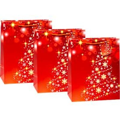 TSI-cadeauzakjesset serie 10, 3-delig, 3 x motief „Sterren en sneeuwvlokken“, B 260 x D 135 x H 320 mm, PP-folie, goud-rood
