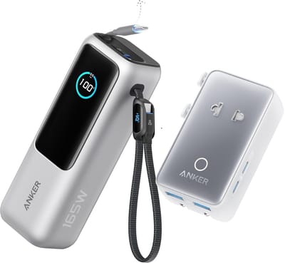 Anker PowerCore 25K Powerbank 25.000mAh - 165W - 3x 100W USB-C Poorten - Zilver + Anker Nano reisadapter, USB-stekker 5-poorts stroomadapter met 1 AC, 2 USB-A en 2 USB-C poorten - Zilver