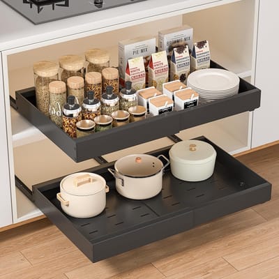 Unyqoos ® Verstelbare Telescopische Lade voor Keuken, Uittrekbaar Organizersysteem zonder Boren, Zwart, 32-53 cm Breedte