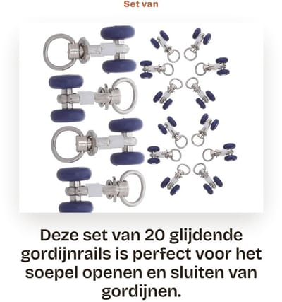 Dailygoods- Gordijnrails 20 Stuks - Roestvrij Staal - Kunststof Rolwielen - Eenvoudige Installatie - Stabiel en Robuust - Geschikt voor Raamdecoratie - Gordijnroede