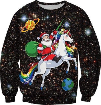 Kerstman op een vliegende eenhoorn foute kersttrui - Maat L - Foute Kersttrui - Superfout - Foute trui - Feestkleding - Kerstkleding - Foute kleding - Kerst trui - Kersttrui dames - Kersttrui heren - Lelijke Kersttrui - Grappige Kersttrui -