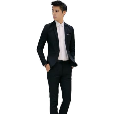2 stuks/set heren slim fit pak set revers lange mouw enkele knoop pak jas mid-rise lange broek set effen kleur zakelijke outfit L zwart