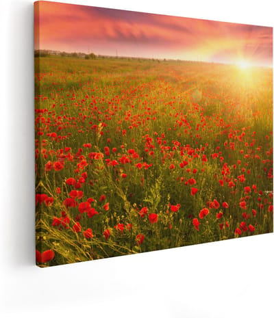 Artaza Canvas Schilderij Klaprozenveld - 50x40 cm - Wanddecoratie Zonsondergang - Muurdecoratie Bloemen Natuur - Kamer Accessoires Woonkamer