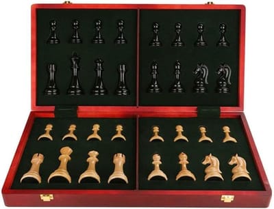 Houten Schaakspel - Opvouwbaar Bord - Strategisch Spel - Individuele Stuk Opslag - Zie Afbeeldingen - Natuurlijk Hout