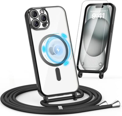 Casemania Hoesje en Glas Geschikt voor Apple iPhone 16 Pro - Zwart - Siliconen Back Cover met Koord Geschikt voor Magsafe + Glazen Screenprotector - Telefoonhoesje met Koord - Crossbody Lanyard Cord Case