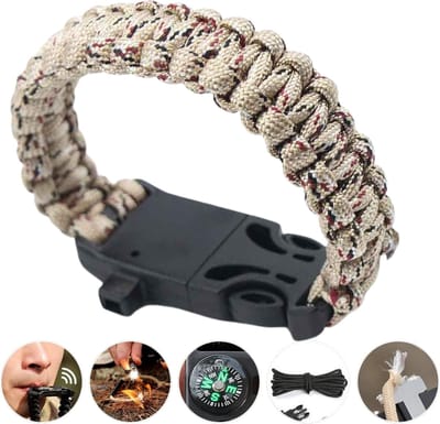 Outdoor survival Armband Khaki Camouflage - 5 in 1 met Vuursteen (magnesium stick), Paracord, Kompas, Noodfluit en Schraper