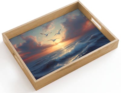 Dienblad hout 40x30 cm - Schootdienblad - Meeuwen - Zonsondergang - Zee - Wolken - Borrelplank rechthoek - Plateau dienbladen