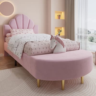 Wishdor Gestoffeerd Eenpersoonsbed 90x200 cm - Met Bijpassende Bedbank - Stootrand van Schuim - Fluweel - Roze