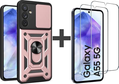 BixB hoesje met 2 stuks screenprotectors van gehard glas Geschikt voor Samsung Galaxy A55 met draaibare Ringhouder en camera bescherming backcover - Rosegoud