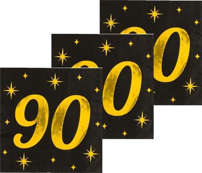 Paperdreams Verjaardag feest servetten - leeftijd 90 jaar - 48x stuks - zwart/goud - sterren - 33 x 33 cm