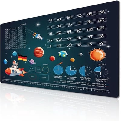 Ruimte-look bureauonderlegger voor kinderen, afwasbaar en vuilafstotend, 60 x 40 cm met ABC en tijden