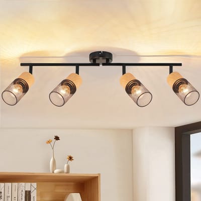 NETTLIFE Opbouwspot E14 - Hout - L 62.5cm - rechthoekig - 4-Lichts - Vintage Plafondlamp - 350° draaibaar Plafondspot - voor Slaafkamer | Kantoor | Woonkamer - Zonder Lichtborn