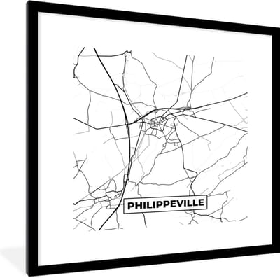 Fotolijst incl. Poster Zwart Wit- België – Philippeville – Stadskaart – Kaart – Zwart Wit – Plattegrond - 40x40 cm - Posterlijst