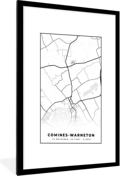 Fotolijst incl. Poster Zwart Wit- Stadskaart – Zwart Wit - Kaart – Comines Warneton – België – Plattegrond - 60x90 cm - Posterlijst