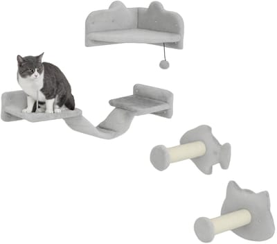 QUESTYR Kattenwandset – 4‑Delig – Lichtgrijs – Wandplanken met Sisalpalen, Ladder & Springplatform – Klimwand voor Katten